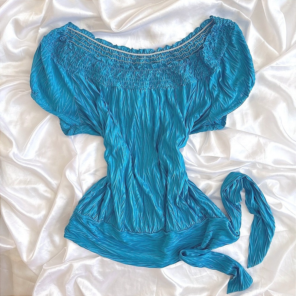 Heart Soul Teal Blue Crinkle Pleated Off Shoulder Tie Waist Blouse Large